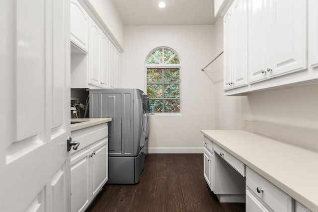 8374 St Andrews Rd, Rancho Santa Fe, CA 92067 - washroom featuring cabinet space, baseboards, dark wood-style flooring, recessed lighting, and washer / clothes dryer