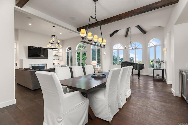 8374 St Andrews Rd, Rancho Santa Fe, CA 92067 - dining room with a chandelier, beam ceiling, a fireplace, recessed lighting, and dark wood-style floors