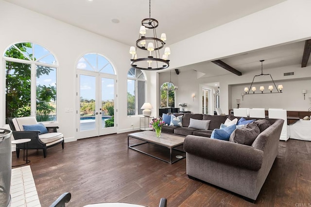 8374 St Andrews Rd, Rancho Santa Fe, CA 92067 - living room with a chandelier, dark wood finished floors, french doors, and beam ceiling