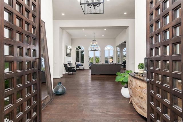8374 St Andrews Rd, Rancho Santa Fe, CA 92067 - entrance foyer featuring dark wood-style flooring, recessed lighting, a chandelier, and baseboards