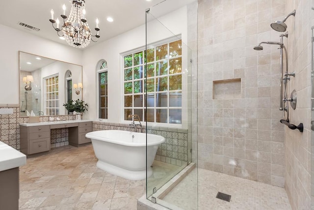 8374 St Andrews Rd, Rancho Santa Fe, CA 92067 - full bathroom with tile walls, a tile shower, a soaking tub, vanity, and recessed lighting