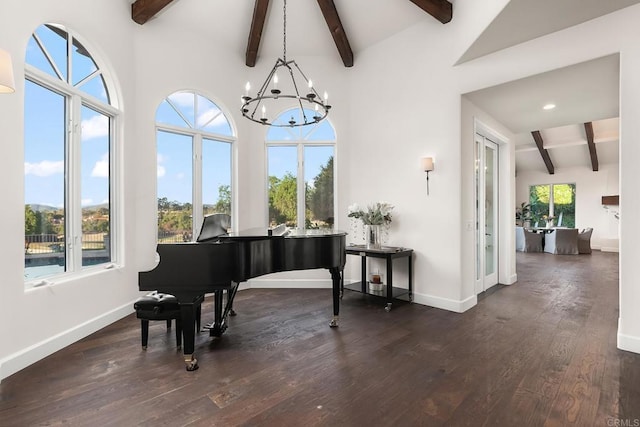 8374 St Andrews Rd, Rancho Santa Fe, CA 92067 - living area with beam ceiling, a chandelier, dark wood finished floors, baseboards, and high vaulted ceiling