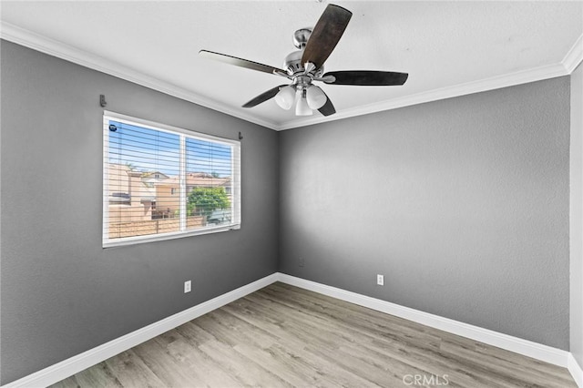 16129 Windcrest Dr, Fontana, CA 92337 - spare room featuring light wood-type flooring, crown molding, a ceiling fan, and baseboards