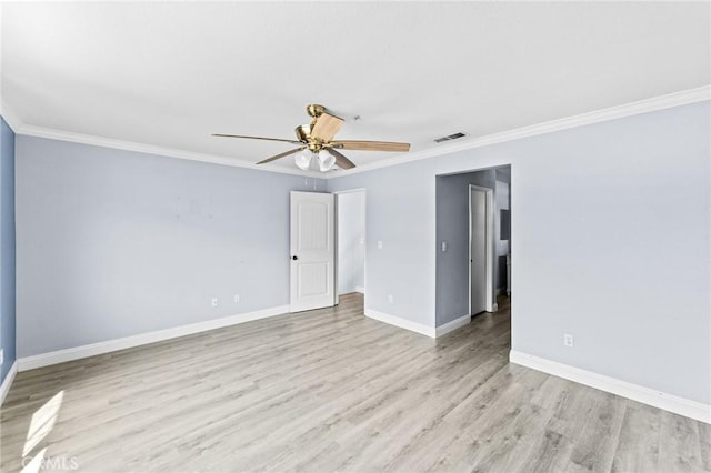 16129 Windcrest Dr, Fontana, CA 92337 - unfurnished room with a ceiling fan, ornamental molding, light wood finished floors, and baseboards