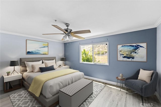 16129 Windcrest Dr, Fontana, CA 92337 - bedroom featuring light wood-type flooring, ornamental molding, baseboards, and ceiling fan