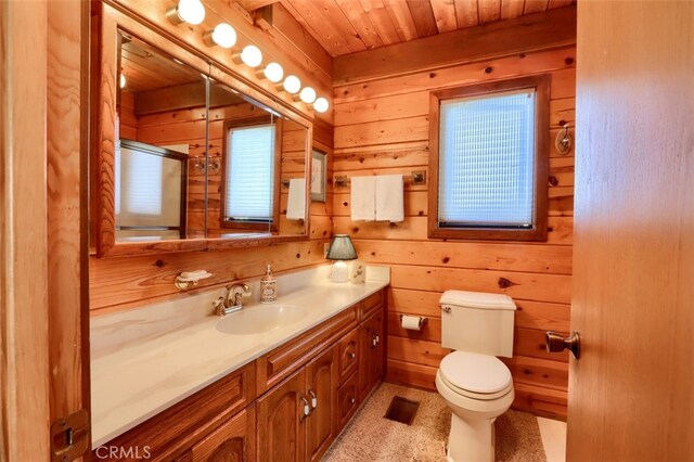 5027 Fox Creek Rd, Mariposa, CA 95338 - full bath with wooden ceiling, toilet, vanity, wooden walls, and an enclosed shower