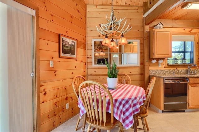 5027 Fox Creek Rd, Mariposa, CA 95338 - dining room featuring wood walls, a chandelier, and wood ceiling