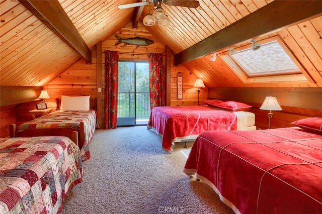 5027 Fox Creek Rd, Mariposa, CA 95338 - bedroom featuring wooden walls, access to outside, carpet flooring, and wooden ceiling