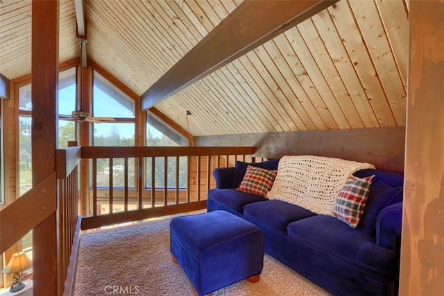 5027 Fox Creek Rd, Mariposa, CA 95338 - carpeted living area featuring wooden ceiling and ceiling fan