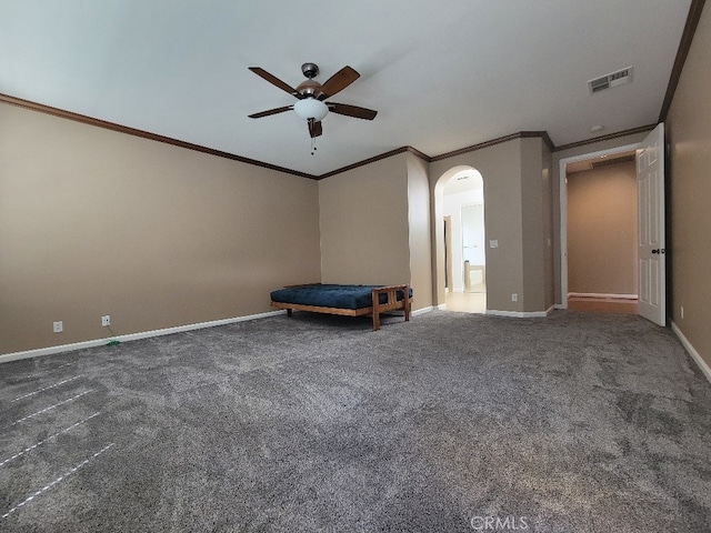 511 Milano Ct, Los Banos, CA 93635 - sitting room with a ceiling fan, arched walkways, crown molding, carpet, and baseboards