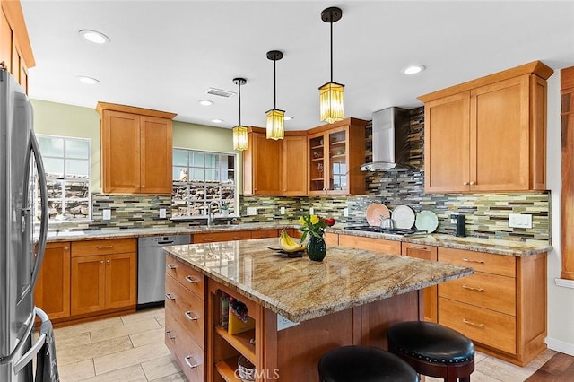386 Los Altos Ave, Long Beach, CA 90814 - kitchen with stainless steel appliances, wall chimney range hood, a sink, tasteful backsplash, and recessed lighting