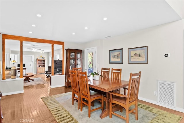 386 Los Altos Ave, Long Beach, CA 90814 - dining space featuring recessed lighting, light wood-type flooring, ceiling fan, ornate columns, and baseboards