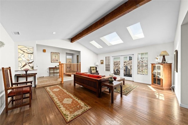 386 Los Altos Ave, Long Beach, CA 90814 - recreation room featuring a skylight, hardwood / wood-style flooring, baseboards, and french doors