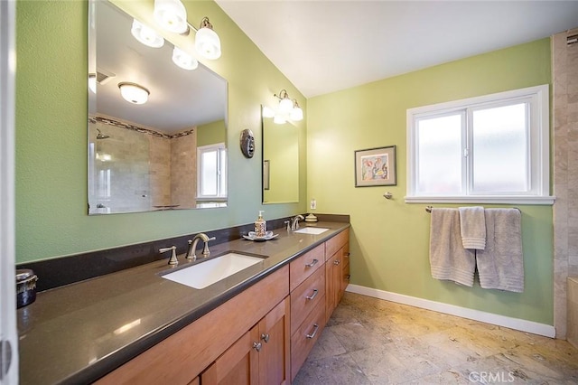 386 Los Altos Ave, Long Beach, CA 90814 - full bathroom featuring double vanity, baseboards, and a shower