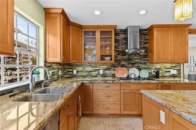 386 Los Altos Ave, Long Beach, CA 90814 - kitchen featuring wall chimney exhaust hood, stainless steel gas stovetop, a sink, backsplash, and recessed lighting