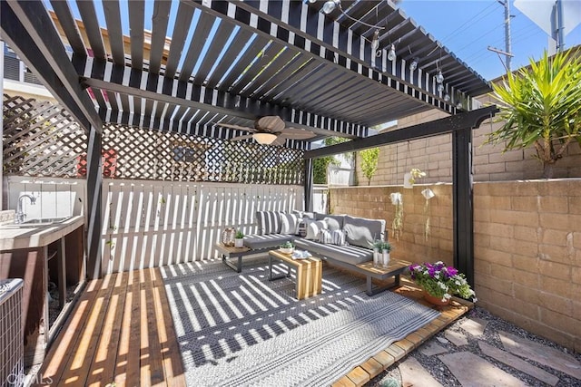 1534 Rowan Gln, Escondido, CA 92025 - wooden terrace featuring a pergola, outdoor lounge area, and ceiling fan