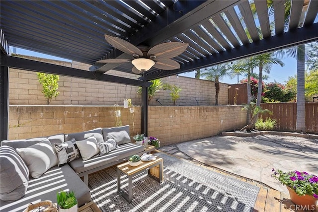 1534 Rowan Gln, Escondido, CA 92025 - fenced backyard featuring an outdoor hangout area, a ceiling fan, and a patio