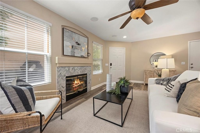 1534 Rowan Gln, Escondido, CA 92025 - living room with wood finished floors, ceiling fan, a tile fireplace, and recessed lighting