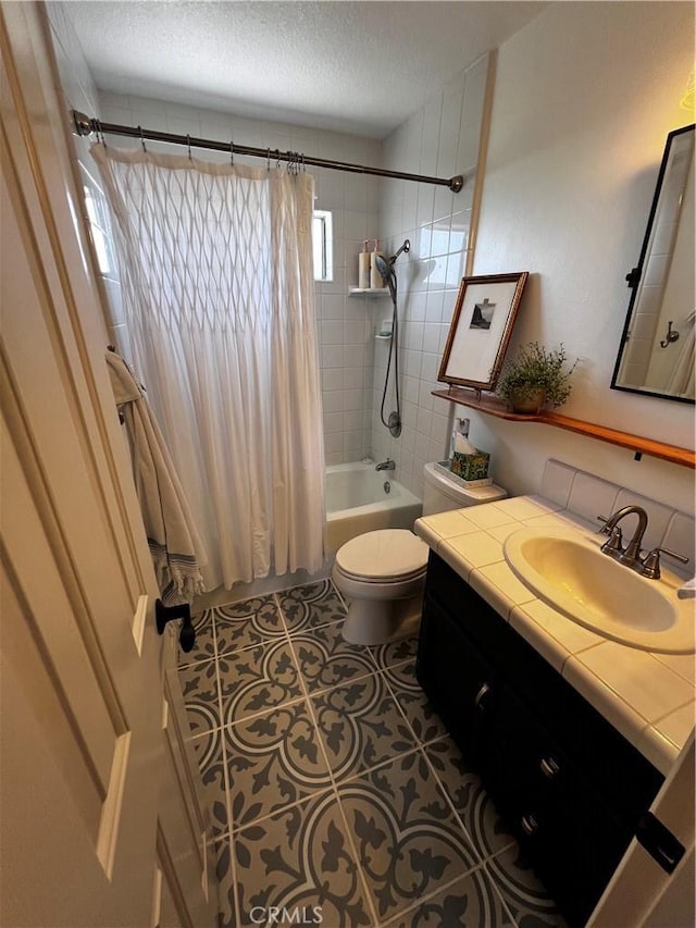 3108 Sumatra Pl, Costa Mesa, CA 92626 - bathroom with shower / bath combination with curtain, tile patterned flooring, vanity, toilet, and a textured ceiling