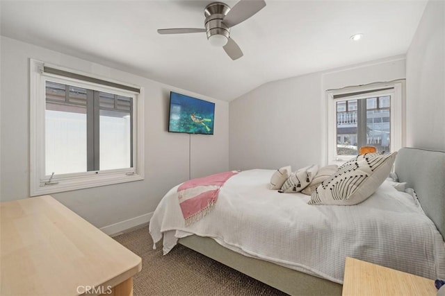 202 Onyx Ave, Newport Beach, CA 92662 - carpeted bedroom featuring lofted ceiling, baseboards, and a ceiling fan