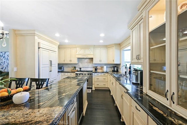2018 Anaheim Ave, Costa Mesa, CA 92627 - kitchen featuring cream cabinetry, a sink, high end appliances, custom exhaust hood, and recessed lighting