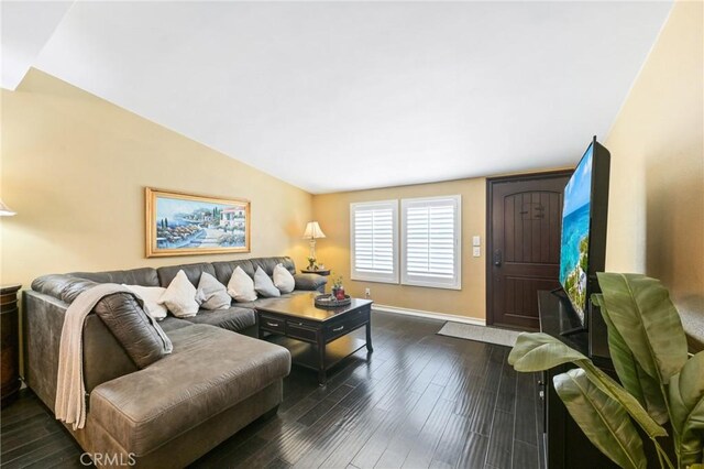2018 Anaheim Ave, Costa Mesa, CA 92627 - living room featuring baseboards, dark wood-style flooring, and lofted ceiling