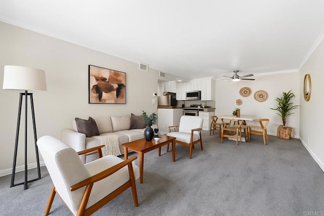 200 Chambers St Unit 19, El Cajon, CA 92020 - living room featuring ceiling fan, light colored carpet, crown molding, and baseboards