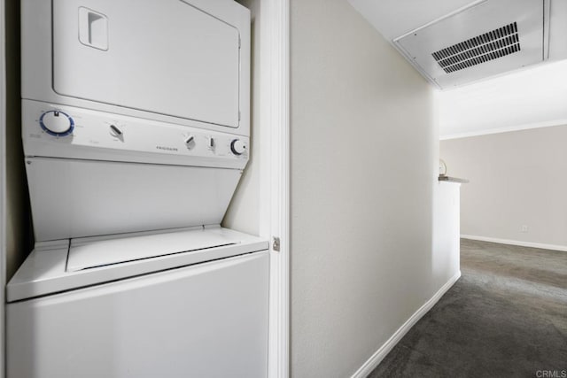 200 Chambers St Unit 19, El Cajon, CA 92020 - clothes washing area featuring stacked washer / dryer, carpet, baseboards, and crown molding