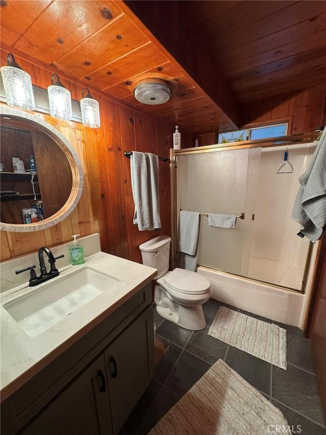 2548 Rim Of The World Dr, Running Springs, CA 92382 - full bathroom with wood ceiling, wood walls, toilet, vanity, and shower / bath combination with glass door