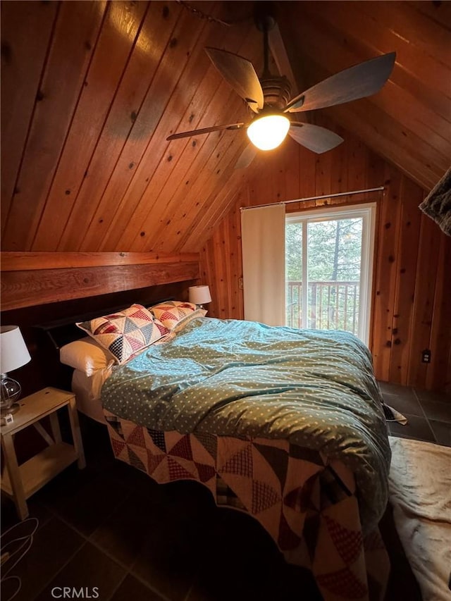 2548 Rim Of The World Dr, Running Springs, CA 92382 - bedroom featuring lofted ceiling, wooden walls, access to exterior, and a ceiling fan