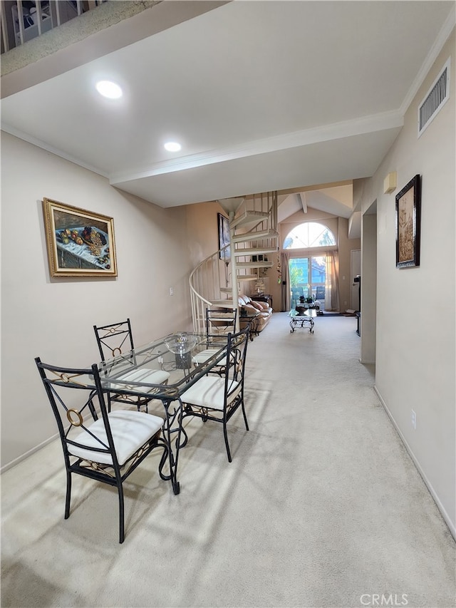 20334 Rue Crevier Unit 622, Canyon Country, CA 91351 - carpeted dining area with baseboards, crown molding, lofted ceiling, and recessed lighting