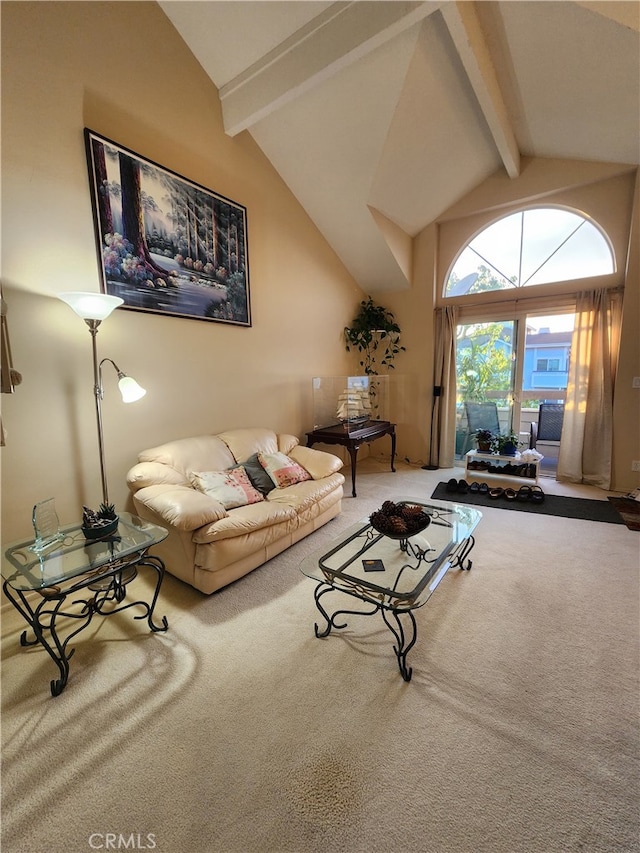 20334 Rue Crevier Unit 622, Canyon Country, CA 91351 - carpeted living area featuring beamed ceiling and high vaulted ceiling