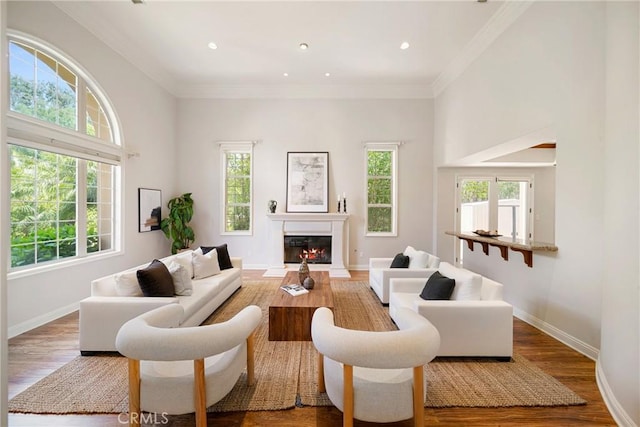 15850 Seville Ln, Encino, CA 91436 - living room with healthy amount of natural light, wood finished floors, a glass covered fireplace, crown molding, and recessed lighting