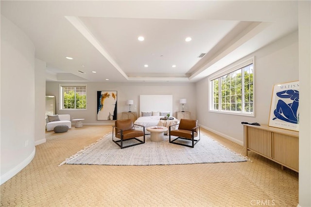 15850 Seville Ln, Encino, CA 91436 - bedroom with a raised ceiling, light colored carpet, baseboards, and recessed lighting