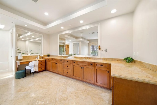 15850 Seville Ln, Encino, CA 91436 - bathroom featuring a raised ceiling, recessed lighting, vanity, and tile patterned flooring