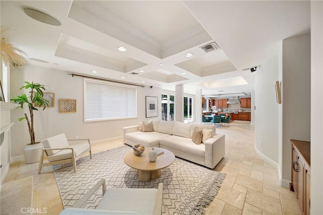 15850 Seville Ln, Encino, CA 91436 - living area with stone tile flooring, coffered ceiling, crown molding, recessed lighting, and baseboards
