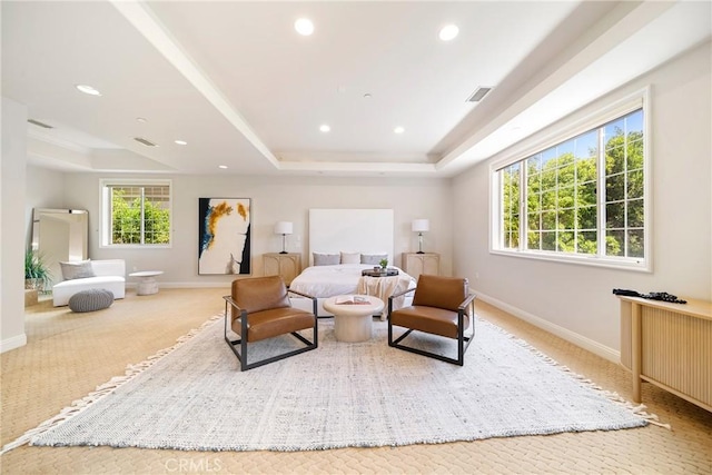 15850 Seville Ln, Encino, CA 91436 - bedroom with a tray ceiling, baseboards, recessed lighting, and carpet flooring