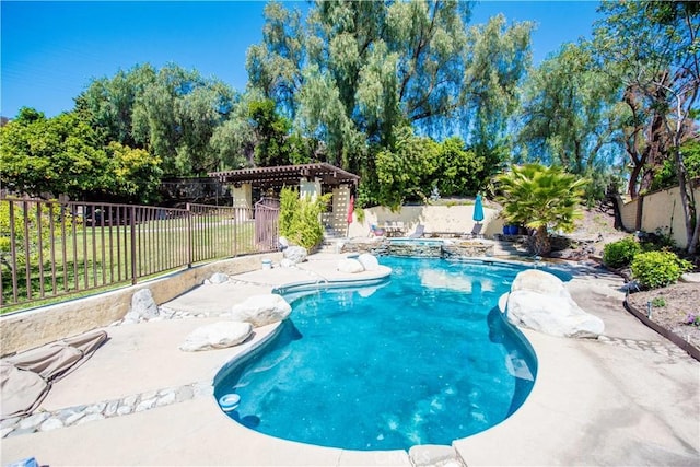 9092 S Rama St, Villa Park, CA 92861 - view of swimming pool featuring a fenced backyard, a pergola, a patio area, and a pool with connected hot tub