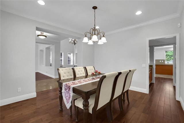 1541 Diamond Ct, Diamond Bar, CA 91765 - dining room with baseboards, dark wood-style flooring, a chandelier, recessed lighting, and ornamental molding