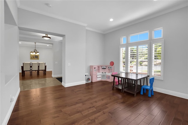 1541 Diamond Ct, Diamond Bar, CA 91765 - dining room featuring a chandelier, wood-type flooring, crown molding, baseboards, and recessed lighting