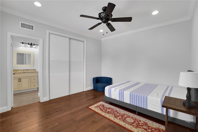 1541 Diamond Ct, Diamond Bar, CA 91765 - bedroom featuring wood finished floors, a sink, a closet, ornamental molding, and recessed lighting
