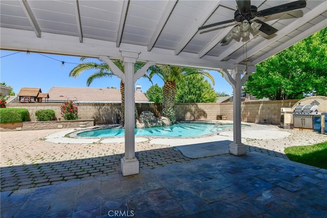 view of pool featuring a fenced backyard, a patio area, and ceiling fan