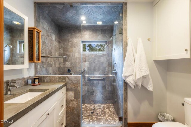 bathroom featuring a stall shower, toilet, and vanity