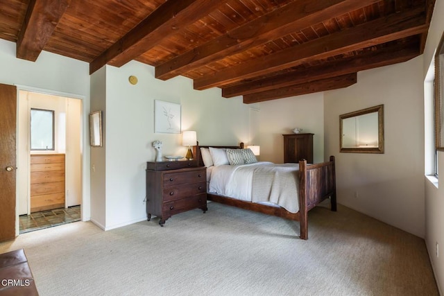 carpeted bedroom with wooden ceiling and beam ceiling
