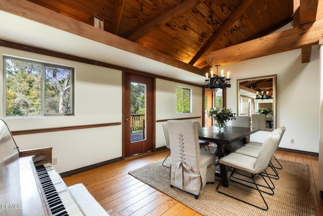 dining area with a chandelier, wooden ceiling, hardwood / wood-style floors, and baseboards