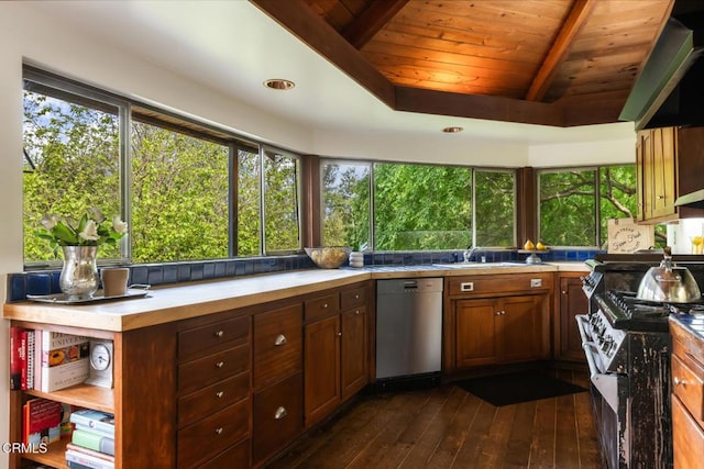 kitchen with stainless steel dishwasher, wood ceiling, gas range, dark wood-style flooring, and a sink