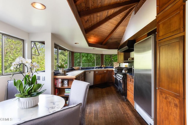 kitchen featuring gas range oven, dishwasher, stainless steel fridge, wood ceiling, and dark wood finished floors