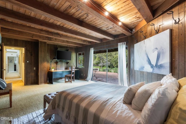 carpeted bedroom featuring wood walls, wood ceiling, access to exterior, and beamed ceiling