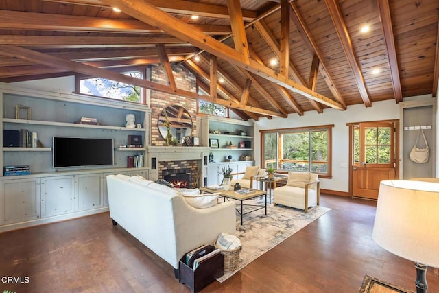 living room with wooden ceiling, a fireplace, dark wood-style flooring, baseboards, and built in shelves