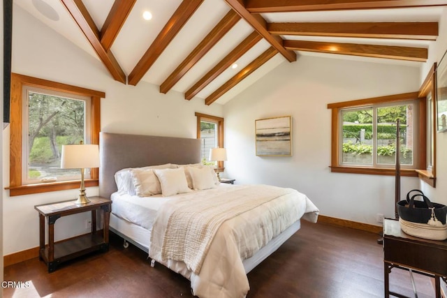 bedroom featuring dark wood finished floors, baseboards, multiple windows, and recessed lighting